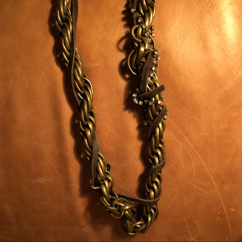 Chunky leather brass rhinestone necklace